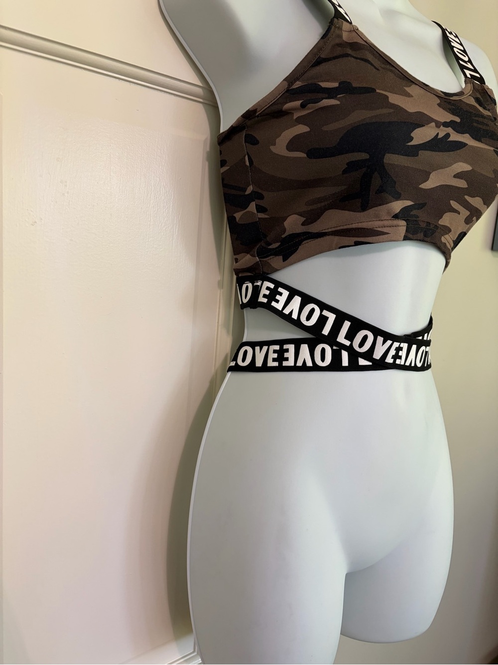 SHEIN Camo Print top with 'LOVE' Elastic Straps - Brown/Black - Picture 2 of 4